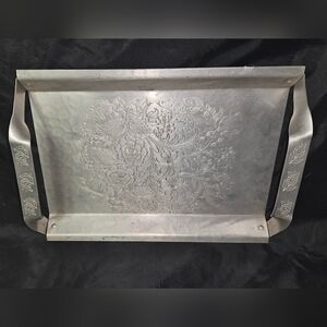 Embossed Metal Serving Tray in Silver Tone